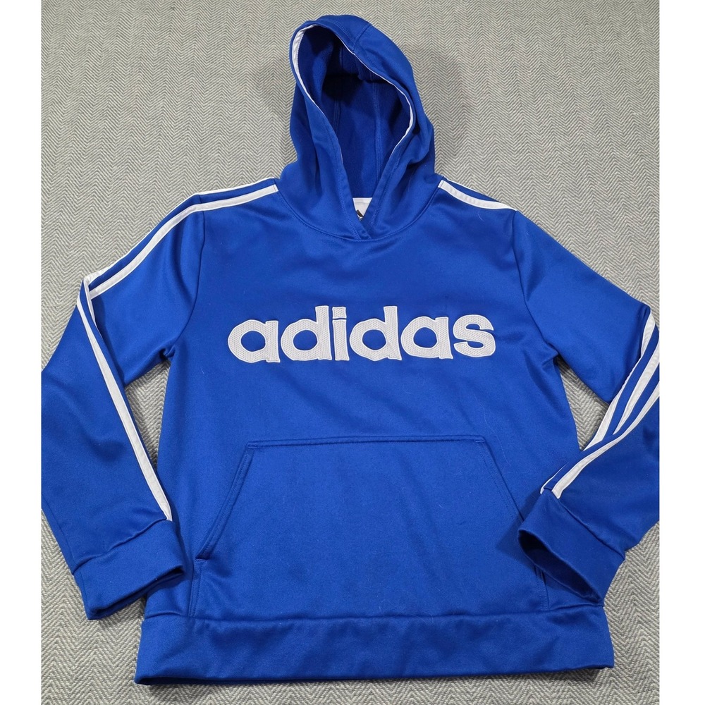 Adidas Boys Blue White 3-Stripe Pullover Hoodie Sweatshirt L 14/16